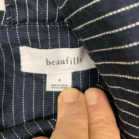 Beaufille Pinstripe One Sleeve Canopy Dress Size 4 Navy Linen Blend Stretch - Picture 10 of 13